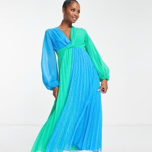 Blue Green Twist Maxi/ Midi Long Sleeve Dress